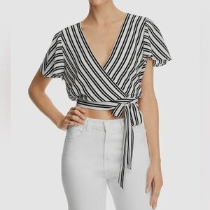 Aqua Striped V-Neck Faux Wrap Tie Cropped Blouse in Black/White Size M